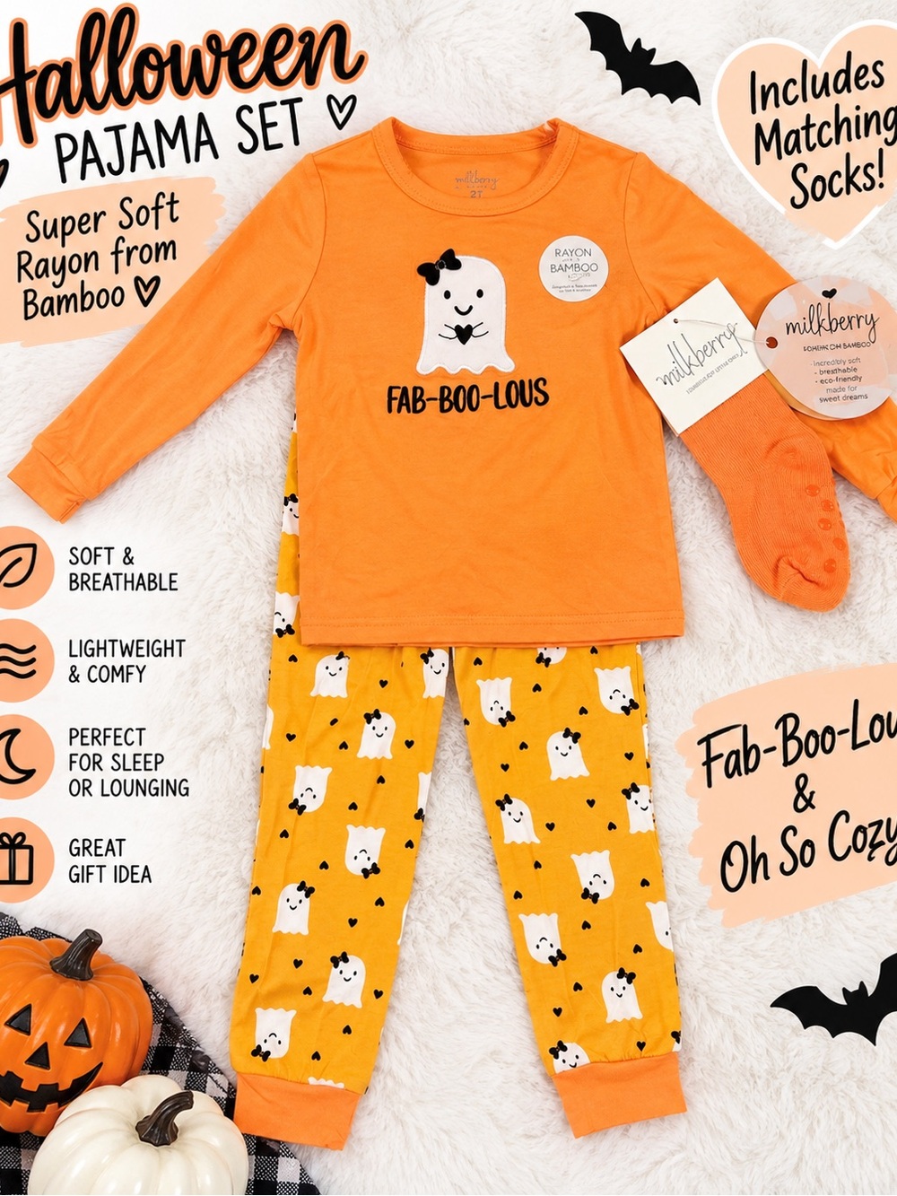 Milkberry Kids Orange Halloween Ghost Pajama Set with Matching Socks
